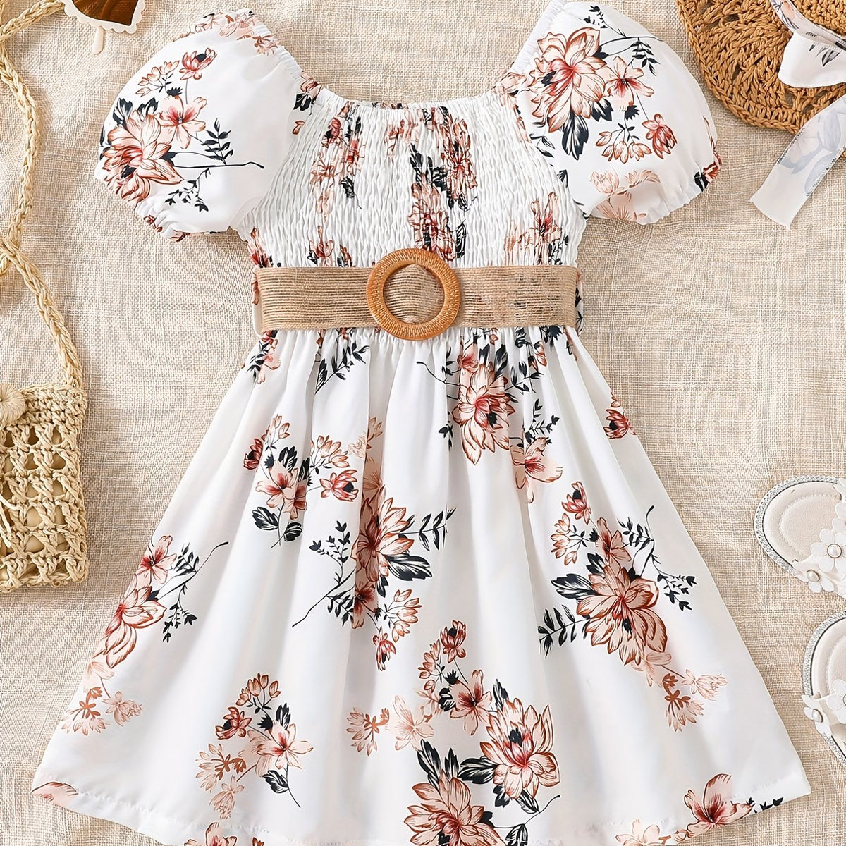 Toddler Girls Floral Graphic Puff Sleeve Shirred Belted Princess Dress For Party Beach Vacation Kids Summer Clothes