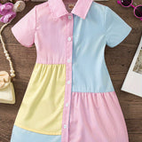 Girls Summer Ready Vibrant Dress - Lapel Collar, Short Sleeves, Button Front - Perfect for Outdoor Adventures