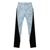 Fashion Women' Jeans Slim Deconstruct Panelled Patchwork High Waist Split Blue Long Denim Pants Autumn