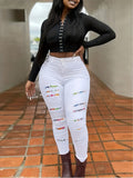 Plus Size Womens Jeans - Eye-Catching Graphic Patches & Distressed Rips, Button Fly, Ultra-Stretch Skinny Fit Denim - Curvy Chic