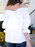 Chic Plus Size Off-Shoulder Blouse - Elegant Bow Detail, Shirred Half Sleeves, Breezy Spring & Summer Wear