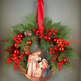 1 Piece Christmas Door Decoration Pendant, Red Berry Garland with Christmas Scene Props