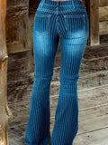 Trendy High-Stretch Striped Flare Jeans - Comfort Fit with Raw Hem & Pockets, Casual Denim Wear for Women