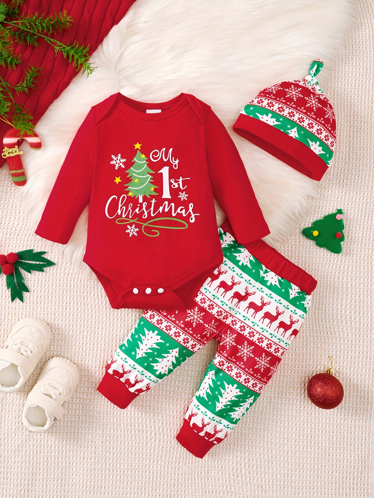 Christmas Three-Piece Suit Baby Boy Cute Christmas Tree Letter Print Knitted Fabric Three-Piece Suit + Hat Christmas Style, For Outdoor