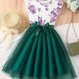 Girls Casual Dress Floral Tulle Stitching Princess Dress For Party Beach Vacation Kids Summer Clothes