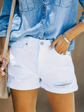 Chic White Denim Shorts with Stretch & Distressed Details - Summer Casual Wear for Women