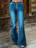 Trendy High-Stretch Striped Flare Jeans - Comfort Fit with Raw Hem & Pockets, Casual Denim Wear for Women