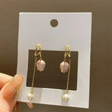 peopleterritory Pink tulip fringe long pearl earrings