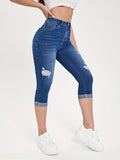 Chic Ripped High-Rise Capri Jeans - Women's Stretchy Denim with Rolled Hem, Whiskering Detail & Convenient Slash Pockets for Casual Wear