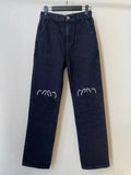 womens designer jeans classic Embroidery High waisted washed distressed wide LO capris jeans