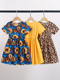 3-piece girl's summer slim waist dress, summer girl knitted clean color leopard print sunflower shortsleeved round neck fashionable dress, children's summer casual cute style summer dresschildren's summer clothing