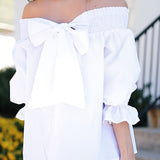 Chic Plus Size Off-Shoulder Blouse - Elegant Bow Detail, Shirred Half Sleeves, Breezy Spring & Summer Wear