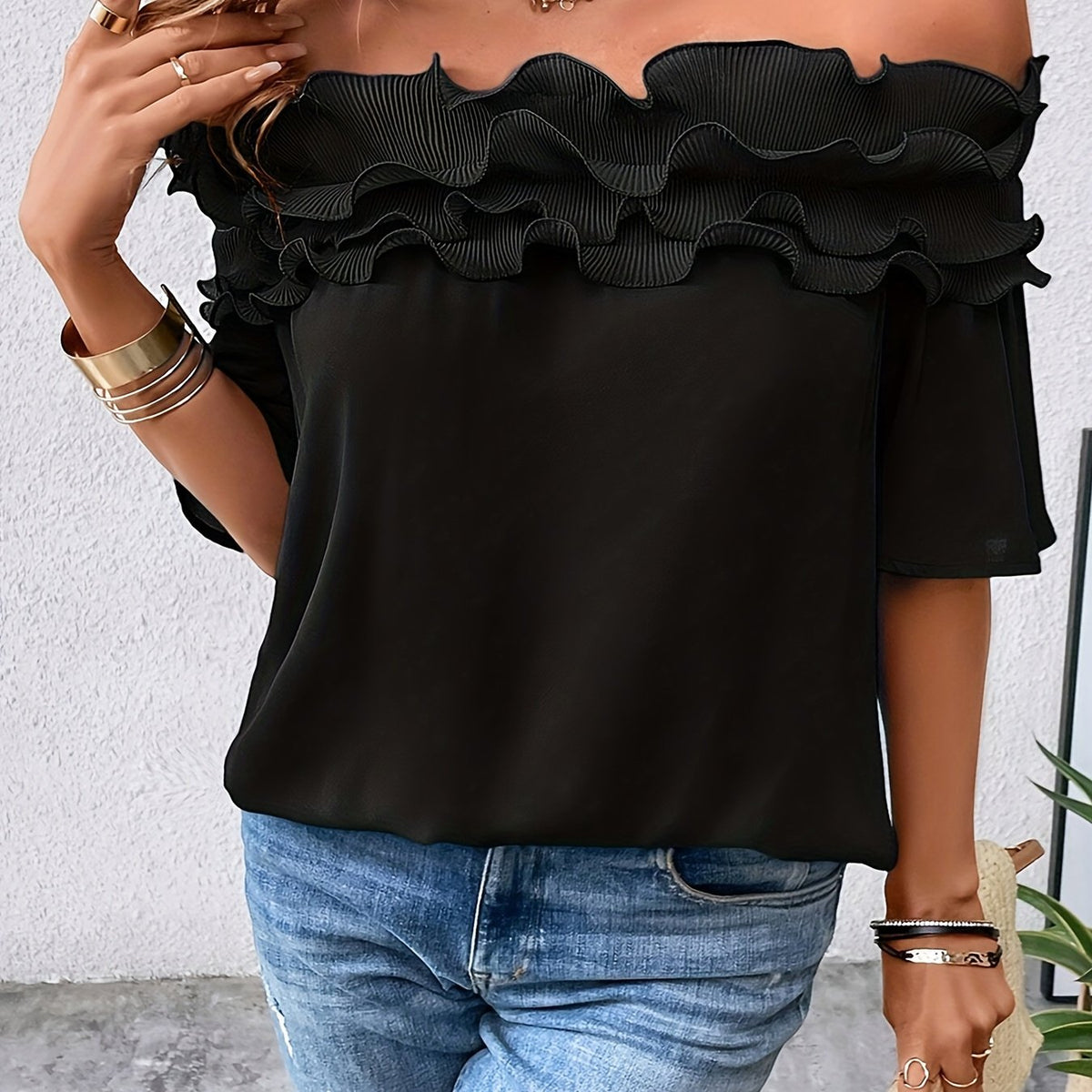 Plus Size Ruffle Solid Blouse - Chic Off-the-Shoulder Design, Short Sleeves for Comfort, Delicate Ruffle Details - Designed for Plus Size Women, Perfect for Spring Season, Womens Fashion Clothing