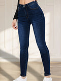 Women's Dark Blue Washed Plain Stretchy Skinny Jeans, Elegant Style, Denim Pants For Casual Wear