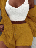 Luxurious Womens Fuzzy Pajama Set - Cozy Hooded Robe, Soft Tank Top & Drawstring Shorts - Ultimate Sleep & Lounging Comfort