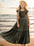 Big Girls Enchanting Floral Lace Maxi Dress - Birthday Princess Gown with Ruffled Smocked Hem - Perfect for Piano Performances & Glamorous Parties