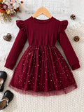 For Toddler Girls, Vintage Sequin Flutter Trim Long Sleeve Tutu Dress for Spring, Fall, Christmas Party Gift