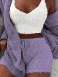 Luxurious Womens Fuzzy Pajama Set - Cozy Hooded Robe, Soft Tank Top & Drawstring Shorts - Ultimate Sleep & Lounging Comfort