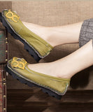 peopleterritory Art Flower Flat Shoes Green Cowhide Leather SL1013