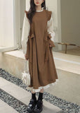 peopleterritory Art Khaki Ruffled Patchwork Cotton Fake Two Piece Dress Spring TG1058