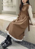 peopleterritory Art Khaki Ruffled Patchwork Cotton Fake Two Piece Dress Spring TG1058