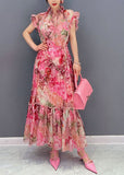 peopleterritory Art Pink Ruffled Print Patchwork Chiffon Two Piece Set Dresses Summer LC0360