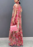 peopleterritory Art Pink Ruffled Print Patchwork Chiffon Two Piece Set Dresses Summer LC0360