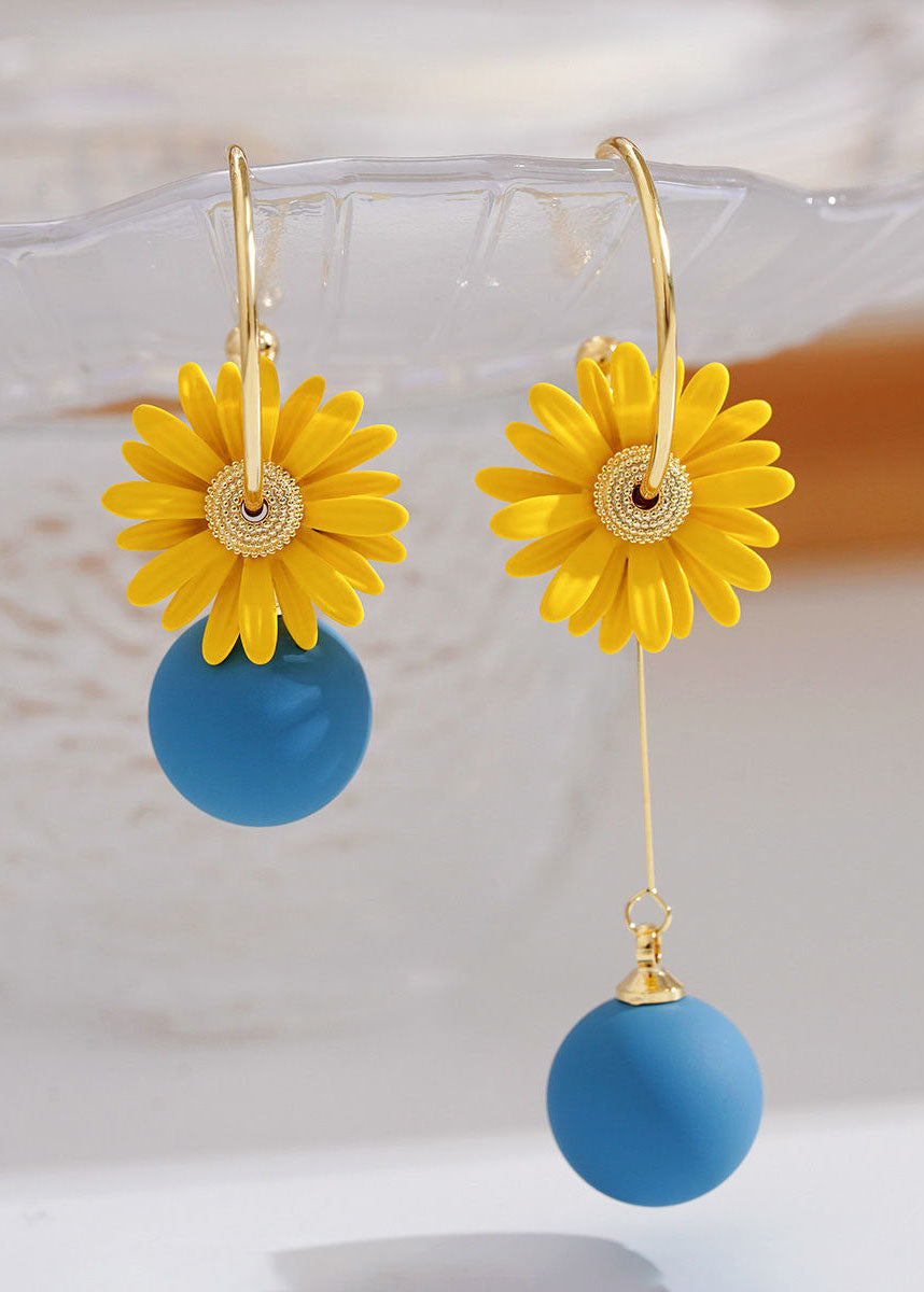 peopleterritory Art Yellow Daisy Asymmetrical Design Metal Drop Earrings HE1029