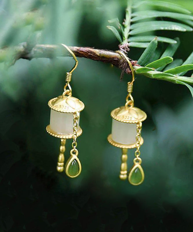 peopleterritory Beautiful Gold Sterling Silver Overgild Jade Tassel Drop Earrings GH1016