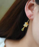 peopleterritory Beautiful Gold Sterling Silver Overgild Jade Tassel Drop Earrings GH1016