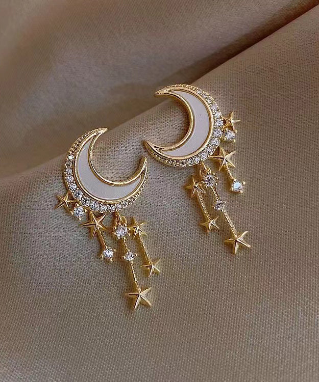 peopleterritory Beautiful Gold Sterling Silver Overgild Zircon Moon Star Drop Earrings GH1064