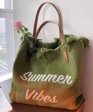 peopleterritory Beautiful Green Letter Embroidery Canvas Oversize Tote Handbag LY1395