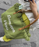 peopleterritory Beautiful Green Letter Embroidery Canvas Oversize Tote Handbag LY1395