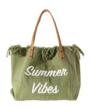 peopleterritory Beautiful Green Letter Embroidery Canvas Oversize Tote Handbag LY1395