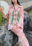 peopleterritory Beautiful Pink Peter Pan Collar Print Button Ice Silk Pajamas Two Pieces Set Spring LY1908