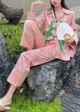 peopleterritory Beautiful Pink Peter Pan Collar Print Button Ice Silk Pajamas Two Pieces Set Spring LY1908