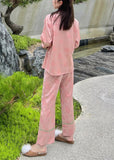 peopleterritory Beautiful Pink Peter Pan Collar Print Button Ice Silk Pajamas Two Pieces Set Spring LY1908