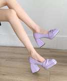 peopleterritory Beautiful Purple Cowhide Leather Splicing Chunky High Heels LY1758