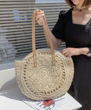 peopleterritory Beige Beach Satchel Handbag Straw Woven Hollow Out LY1396