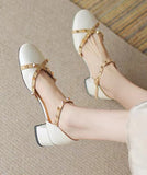 peopleterritory Beige Buckle Strap Cowhide Leather Rivet Baotou Sandals RT1047