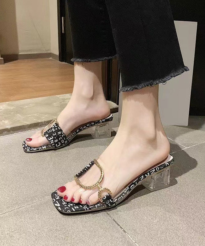 peopleterritory Black Chunky Heel Stylish Peep Toe Crystal Slide Sandals RT1003