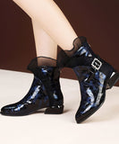 peopleterritory Blue Faux Leather Warm Fleece Boots Splicing Zircon Lace LY1756