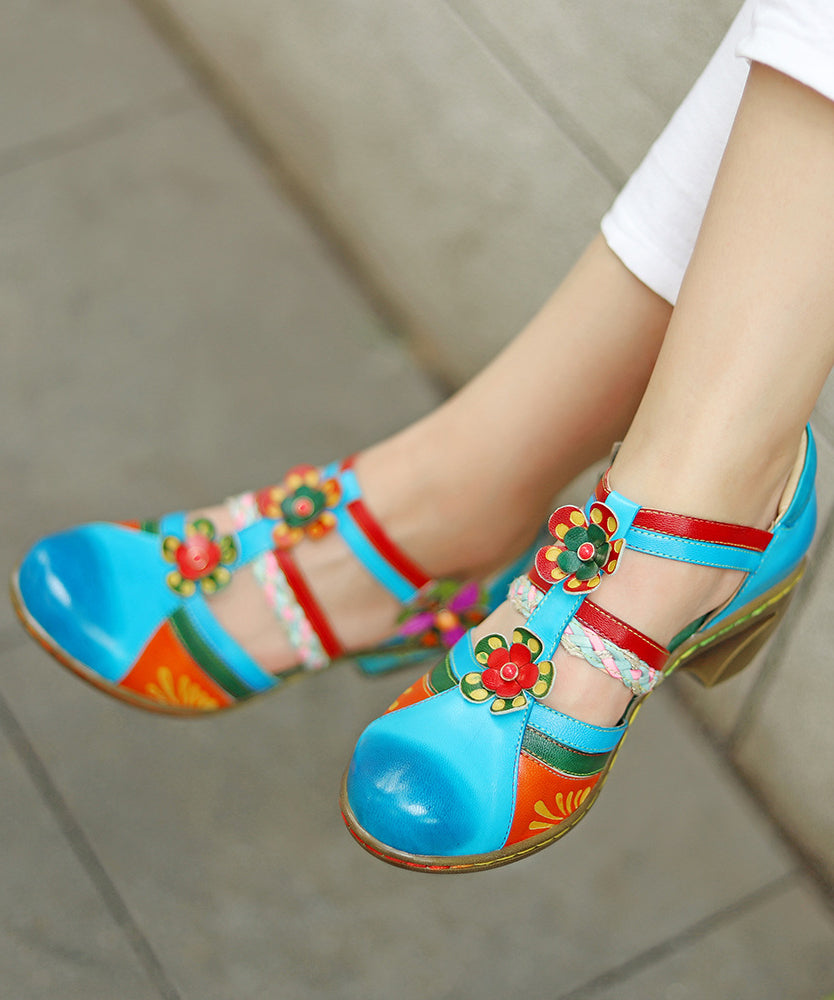 peopleterritory Bohemian Blue Hollow Out Floral Splicing Chunky Sandals CZ1044