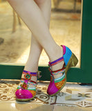 peopleterritory Bohemian Blue Hollow Out Floral Splicing Chunky Sandals CZ1044