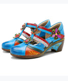 peopleterritory Bohemian Blue Hollow Out Floral Splicing Chunky Sandals CZ1044