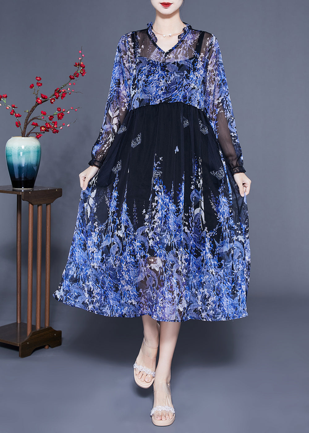 peopleterritory Bohemian Blue V Neck Ruffled Print Chiffon Holiday Dresses Two Piece Set Summer