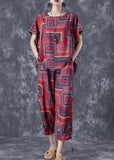 peopleterritory Bohemian Red O-Neck Print Linen Silk Two Piece Set Summer TD1031