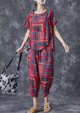 peopleterritory Bohemian Red O-Neck Print Linen Silk Two Piece Set Summer TD1031