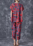 peopleterritory Bohemian Red O-Neck Print Linen Silk Two Piece Set Summer TD1031