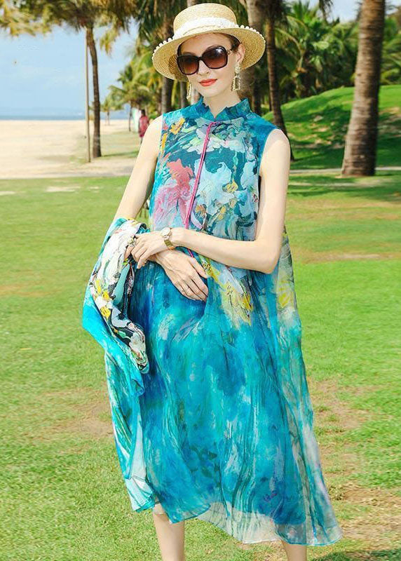 peopleterritory Boho Blue O-Neck Tasseled Print Silk Two Piece Set Outfits Summer LC0238